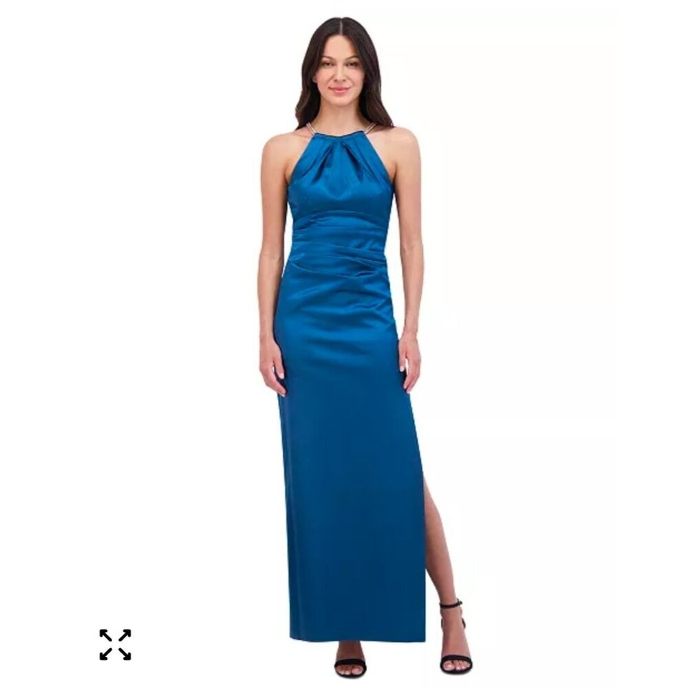 Eliza J Blue Satin Halter Gown With Gold Chain Detail Floor Length Size 2